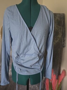 Fashion Nova Light Blue Striped Wrap-Style Long Sleeve Top